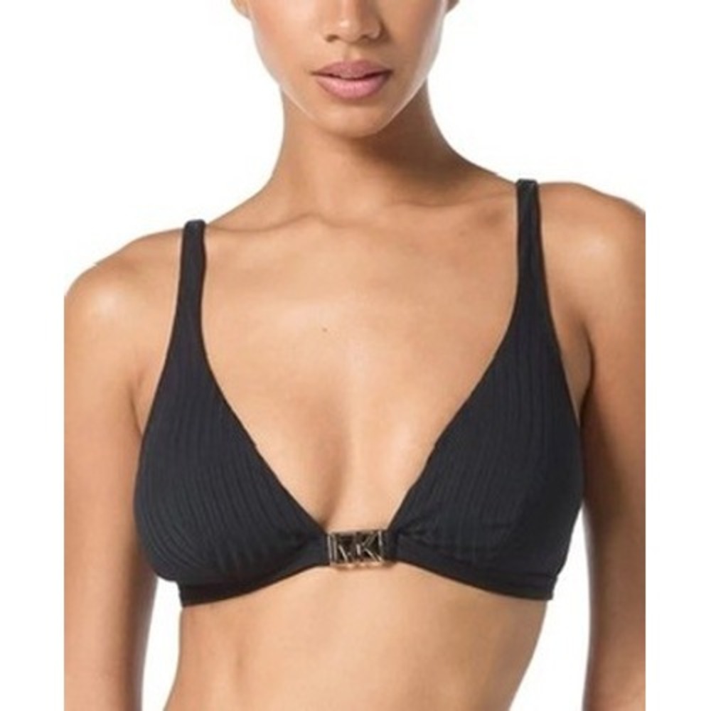 NWT Michael Kors Bikini Top Women Black Ribbed MK Logo Triangle Large $60